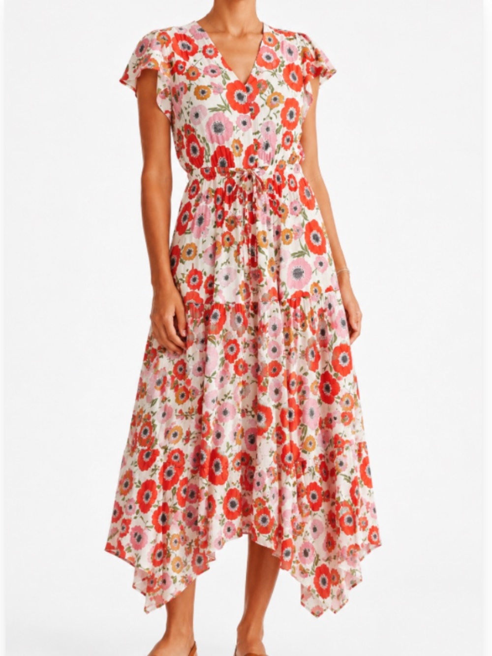 by Trovata Birds of Paradise Designer Floral Midi Dress in Poppy Costa Size M